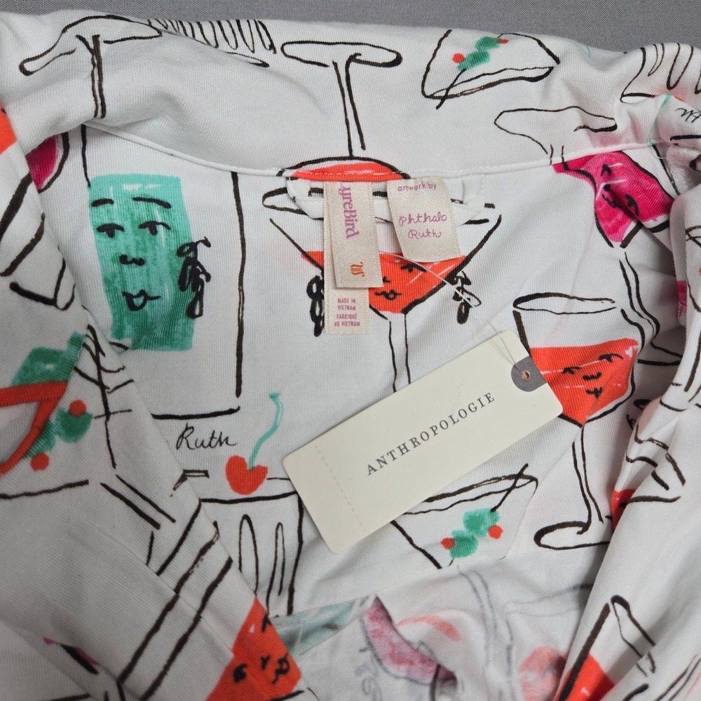 Anthropologie Phthalo Ruth Lyrebird Pajama Top Small Ivory Cocktail Print NWT - Picture 2 of 5